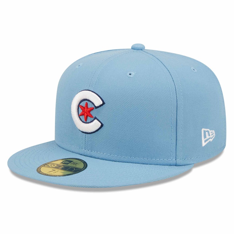Chicago Cubs New Era MLB 59FIFTY 5950 Fitted Cap Hat Sky Blue Crown/Visor White/Red Logo Alternate City Connect