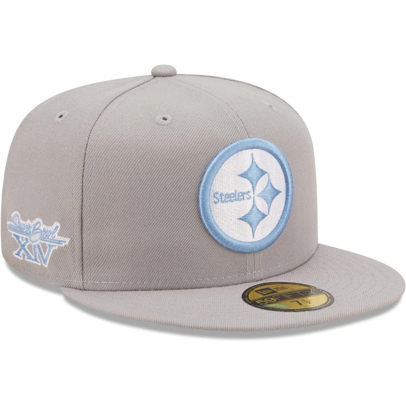 New Era Pittsburgh Steelers Gray Super Bowl XIV Sky Blue Undervisor 59FIFTY Fitted Hat