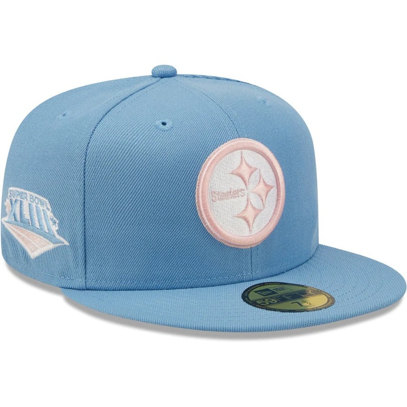 New Era Pittsburgh Steelers Light Blue Super Bowl XLIII Pink Undervisor 59FIFTY Fitted Hat