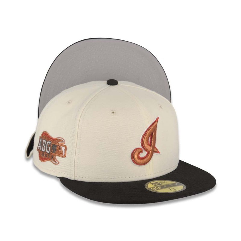 Cleveland Indians New Era MLB 59FIFTY 5950 Fitted Cap Hat Cream Crown Black Visor Metallic Brown/Red Logo Gray UV 2019 All-Star Game Side Patch