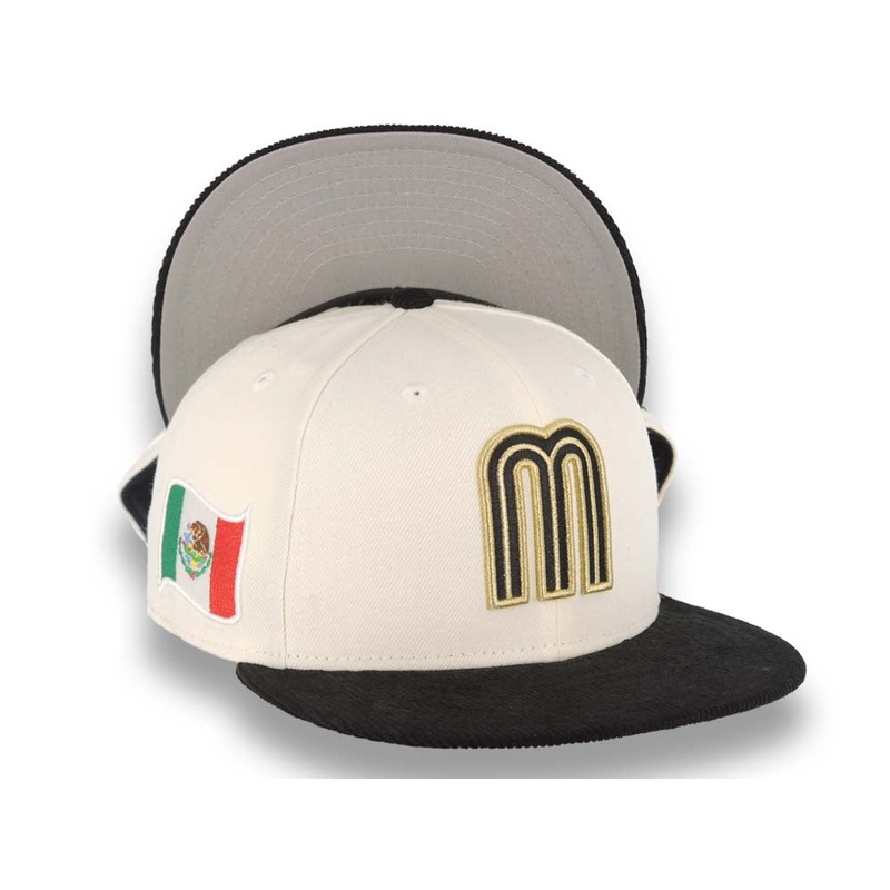(Corduroy Visor) Mexico New Era 59FIFTY 5950 Fitted Cap Hat Cream Crown Black Visor Metallic Gold/Black Logo Mexico Flag Side Patch Gray UV