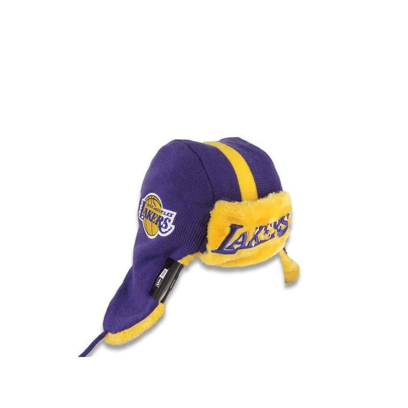Los Angeles Lakers New Era NBA Helmet Head Trapper Knit Beanie Hat Yellow/Purple Crown/Visor Team Color Logo