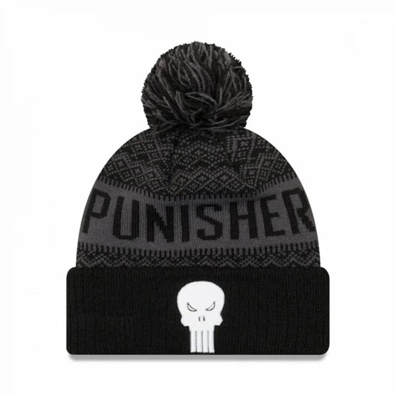 Punisher New Era Cuffed Pom Wintry Knit Beanie Hat Black/Gray Crown/Visor White Skull Logo
