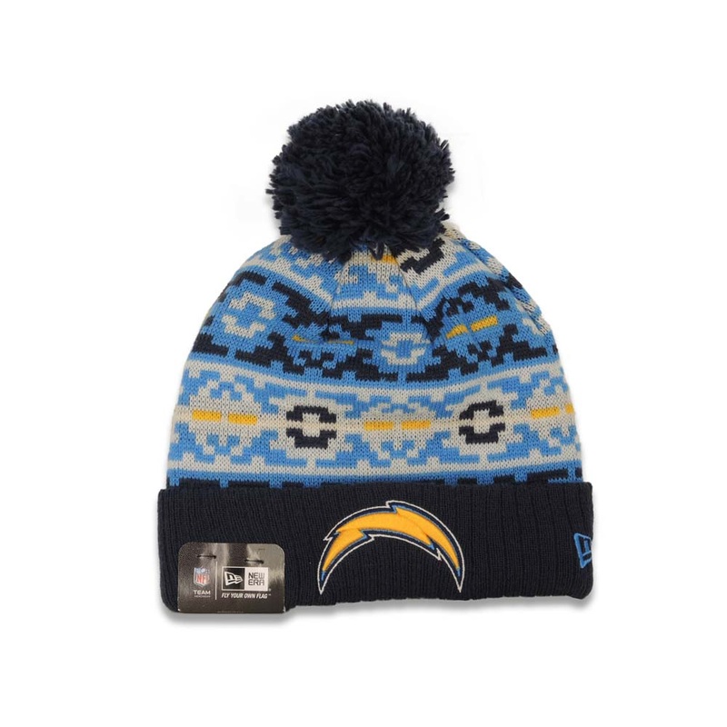 San Diego Chargers New Era NFL Cuffed Pom Retro Chill Knit Beanie Hat Navy Blue/Sky Blue/White Crown/Visor Team Color Logo