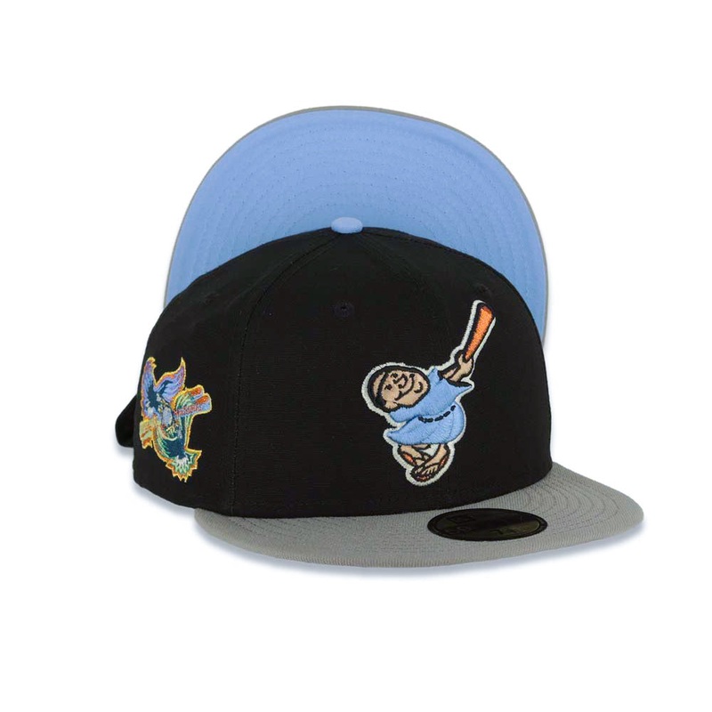 San Diego Padres New Era MLB 59FIFTY 5950 Fitted Cap Hat Black Crown Gray Visor Sky Blue Swinging Friar Logo Stadium Side Patch Sky Blue UV
