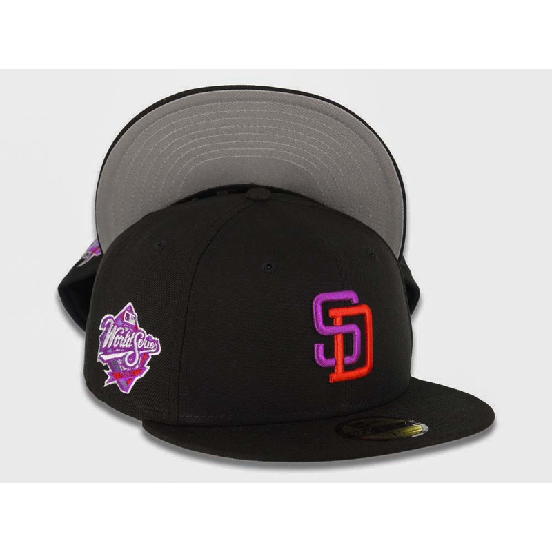 San Diego Padres New Era MLB 59FIFTY 5950 Fitted Cap Hat Black Crown/Visor Purple/Red Logo 1998 World Series Side Patch Gray UV (DEC23)