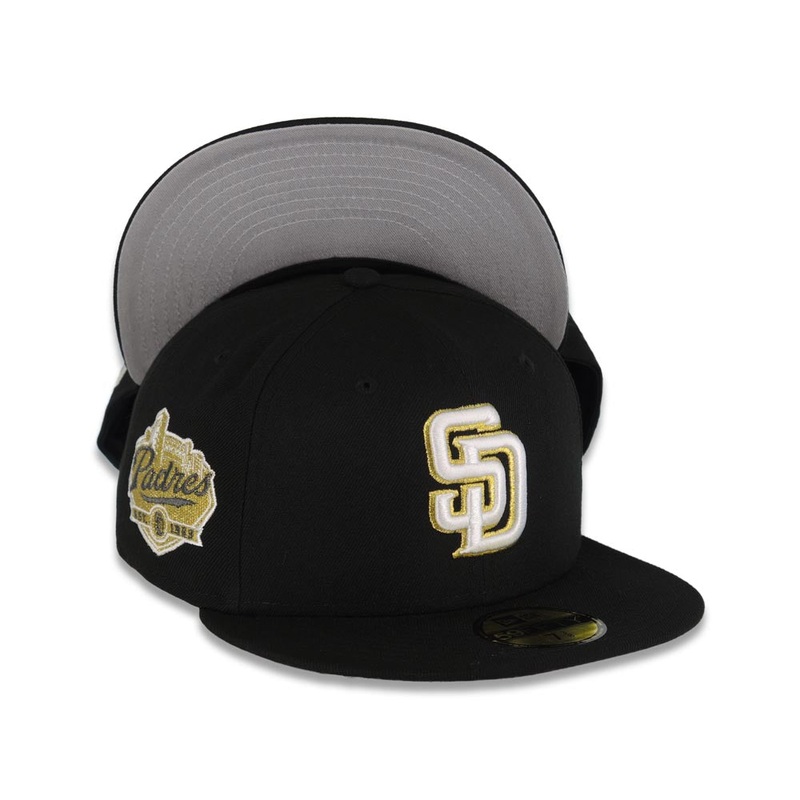 San Diego Padres New Era MLB 59FIFTY 5950 Fitted Cap Hat Black Crown/Visor White/Metallic Gold Logo Established 1969 Side Patch 619 Back Logo