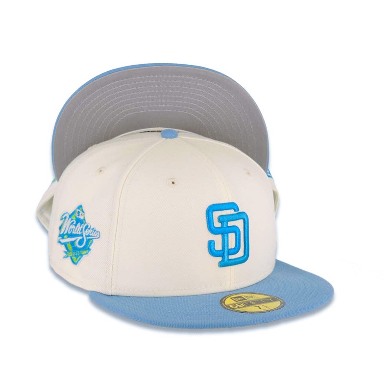 San Diego Padres New Era MLB 59FIFTY 5950 Fitted Cap Hat Cream Crown Sky Blue Visor Blue/Cardinal Blue Logo 1998 World Series Side Patch Gray UV