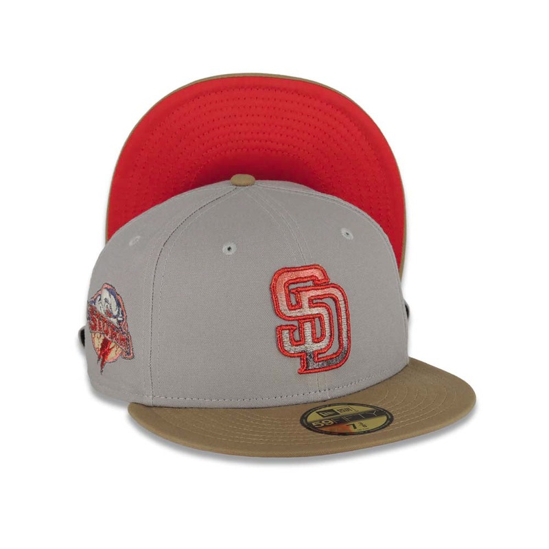 San Diego Padres New Era MLB 59FIFTY 5950 Fitted Cap Hat Gray Crown Khaki Visor Metallic Red/Gray Logo Lake Elsinore Storm Side Patch Red UV