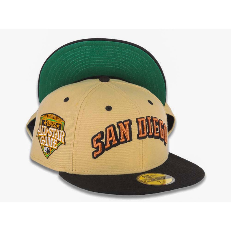 San Diego Padres New Era MLB 59FIFTY 5950 Fitted Cap Hat Vegas Gold Crown Black Visor Metallic Brown/Black Script Logo 1992 All-Star Game Side Patch