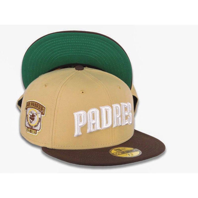San Diego Padres New Era MLB 59FIFTY 5950 Fitted Cap Hat Vegas Gold Crown Dark Brown Visor White Script Logo Go Padres Side Patch Green UV