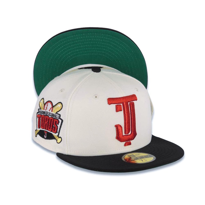 Tijuana Toros New Era LMB 59FIFTY 5950 Fitted Cap Hat Cream Crown Black Visor Metallic Red/Gold Logo Desarollo Toros Side Patch Green UV
