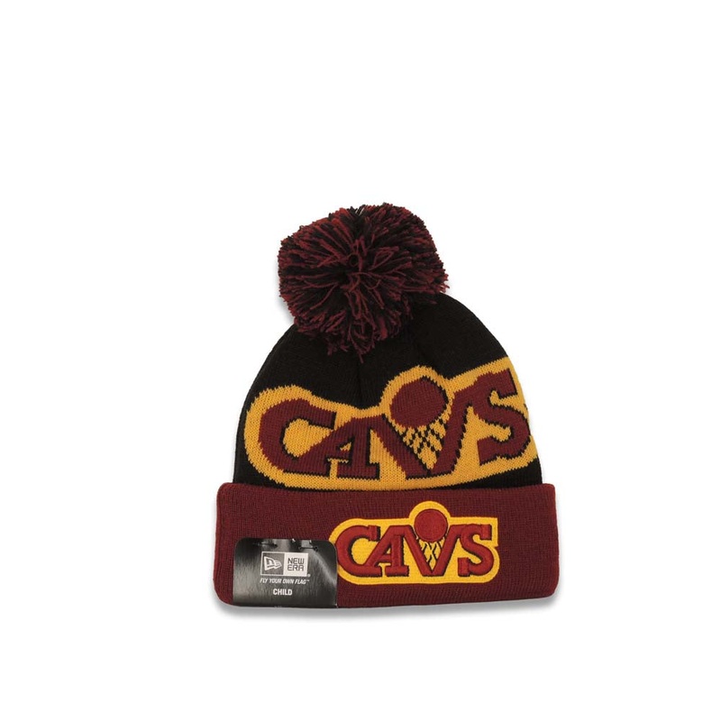 (Youth) Cleveland Cavaliers New Era NBA Cuffed Pom Fresh Kid Knit Beanie Hat Black/Maroon Crown/Visor Team Color Logo