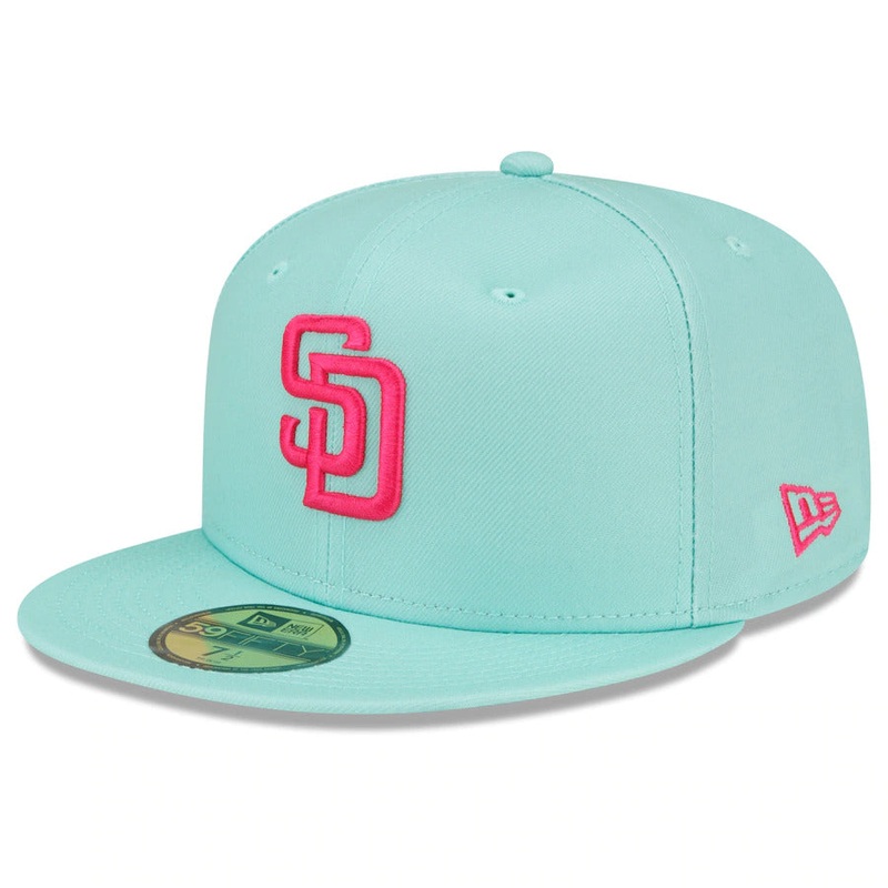 (Youth) San Diego Padres New Era MLB 59FIFTY 5950 Kid Fitted Cap Hat Light Teal Crown/Visor Magenta Logo (2022 City Connect)