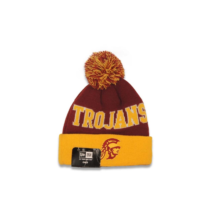 (Youth) USC Trojans New Era NCAA Cuffed Pom Fresh Kid Knit Beanie Hat Maroon/Yellow Crown/Visor Team Color Logo