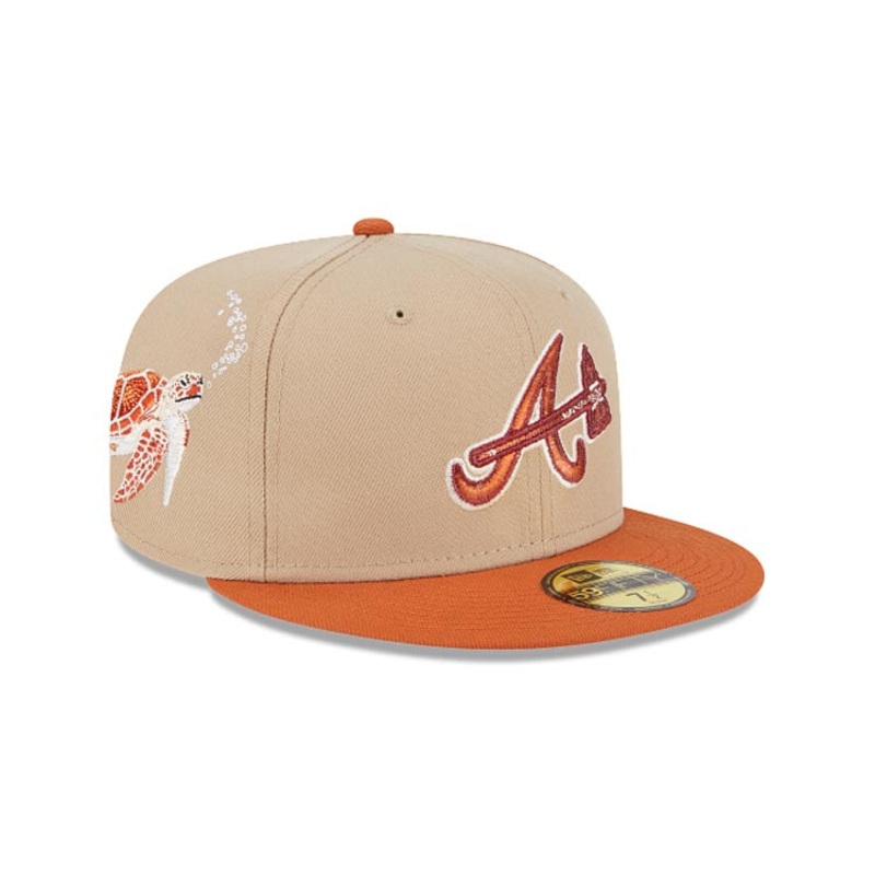 Atlanta Braves New Era MLB 59FIFTY 5950 Fitted Wildlife Cap Hat Wheat Crown Dark Orange Visor Orange Axe Logo Turtle Side Patch Peach UV
