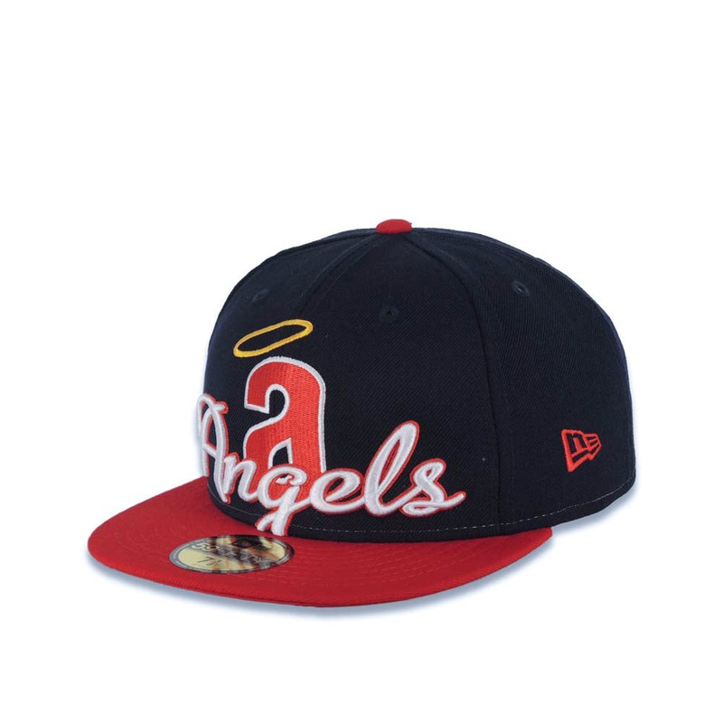 California Anaheim Angels New Era MLB 59FIFTY 5950 Fitted Cooperstown Cap Hat Navy Blue Crown Red Visor Team Color Script Punch Logo