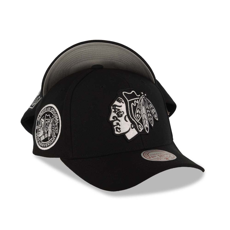 Chicago Blackhawks Mitchell & Ness NHL Adjustable Panda Pro Cap Hat Black Crown/Visor Black/White Logo 75th Anniversary Side Patch