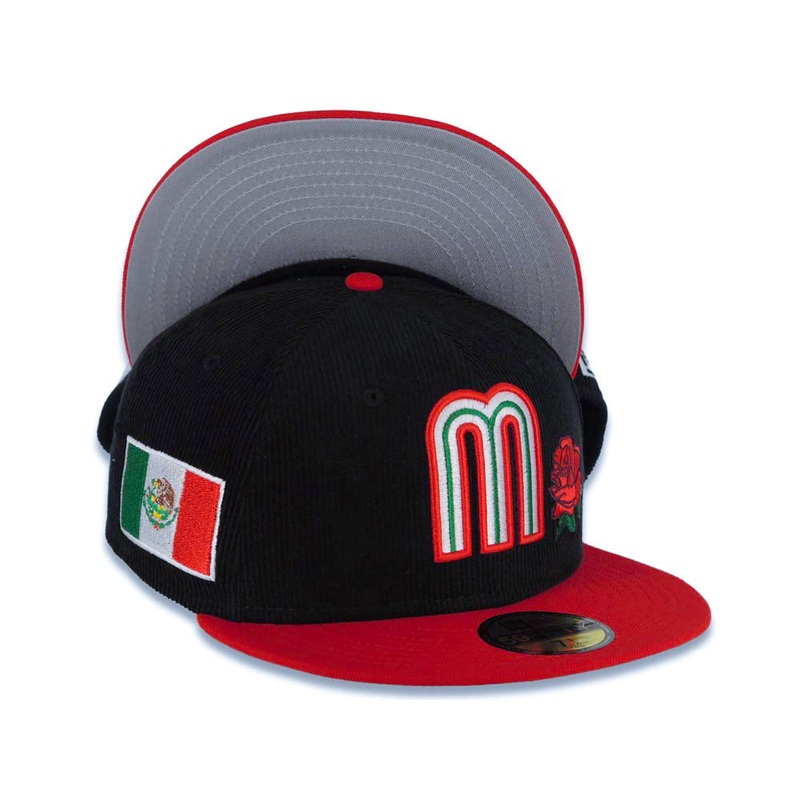 (Corduroy Crown) Mexico New Era WBC World Baseball Classic 59FIFTY 5950 Fitted Cap Hat Black Crown Red Visor Team Color Logo with Flower Mexico Flag Side Patch
