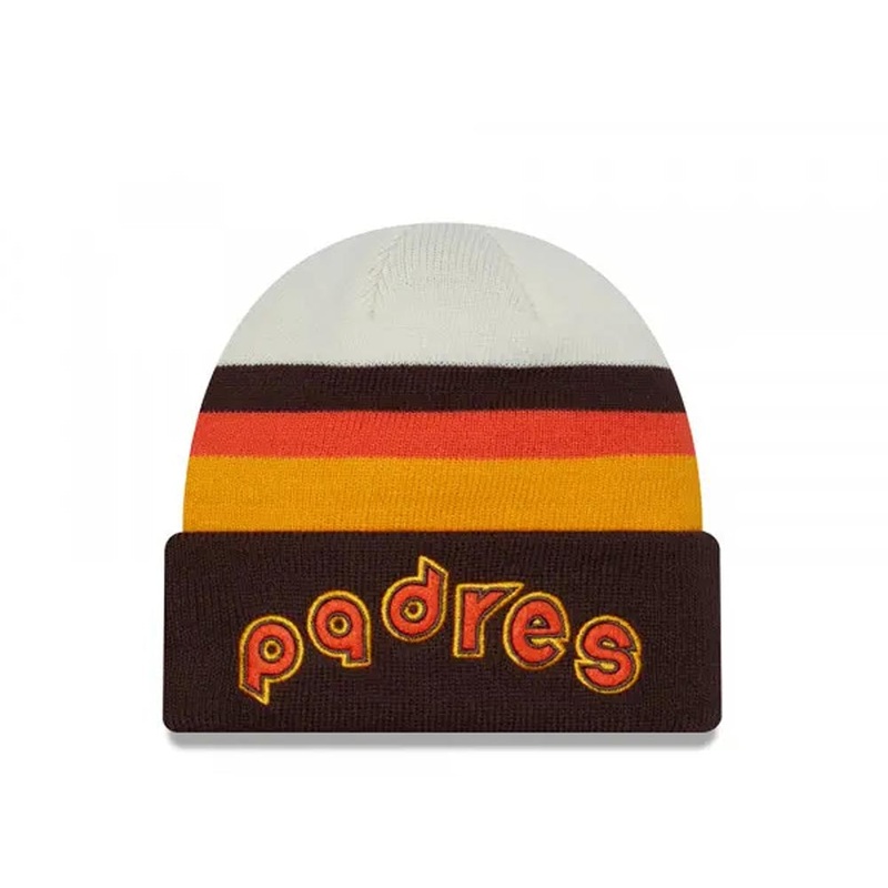 San Diego Padres New Era MLB Cuffed Retro Knit Beanie Hat White/Brown/Yellow Crown/Visor Orange/Brown/Yellow Script
