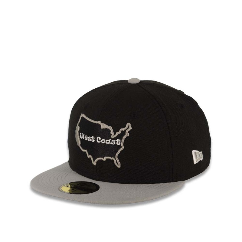 West Coast New Era 59FIFTY 5950 Fitted Cap Hat Black Crown Gray Visor Black/Gray/White Test Inside USA Map Logo