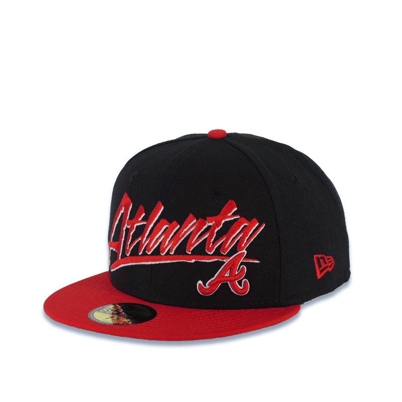 Atlanta Braves New Era 59FIFTY 5950 MLB Fitted Cap Hat Black Crown Red Visor Red/White Large Text/Script Logo
