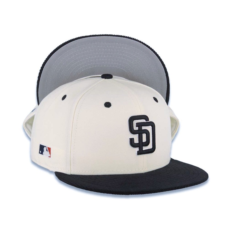 (Corduroy Visor) San Diego Padres New Era MLB 59FIFTY 5950 Fitted Cap Hat Cream Crown Black Visor Black/White Logo Batterman Batty Side Patch Gray UV
