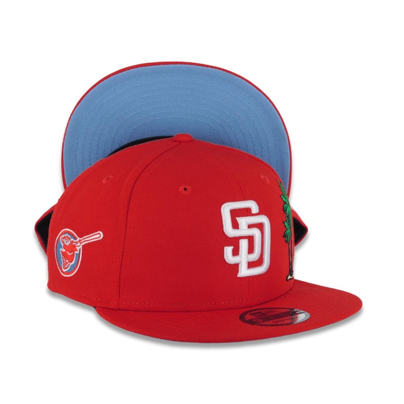 San Diego Padres New Era MLB 9FIFTY 950 Snapback Cap Hat Red Crown/Visor White Logo with Palm Tree Swinging Friar Side Patch Sky Blue UV