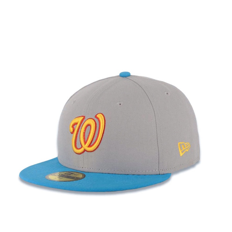 Washington Nationals New Era MLB 59FIFTY 5950 Fitted Cap Hat Gray Crown Turquoise Visor Yellow/Red Logo