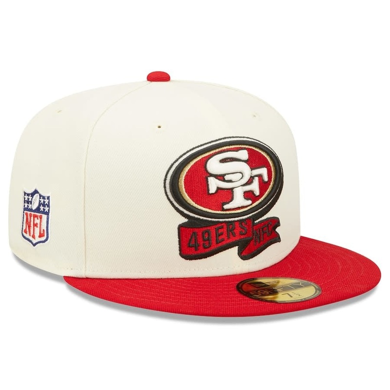 San Francisco 49ers New Era NFL 59FIFTY 5950 Fitted 2022 Sideline Cap Hat Cream Crown Red Visor Team Color Logo