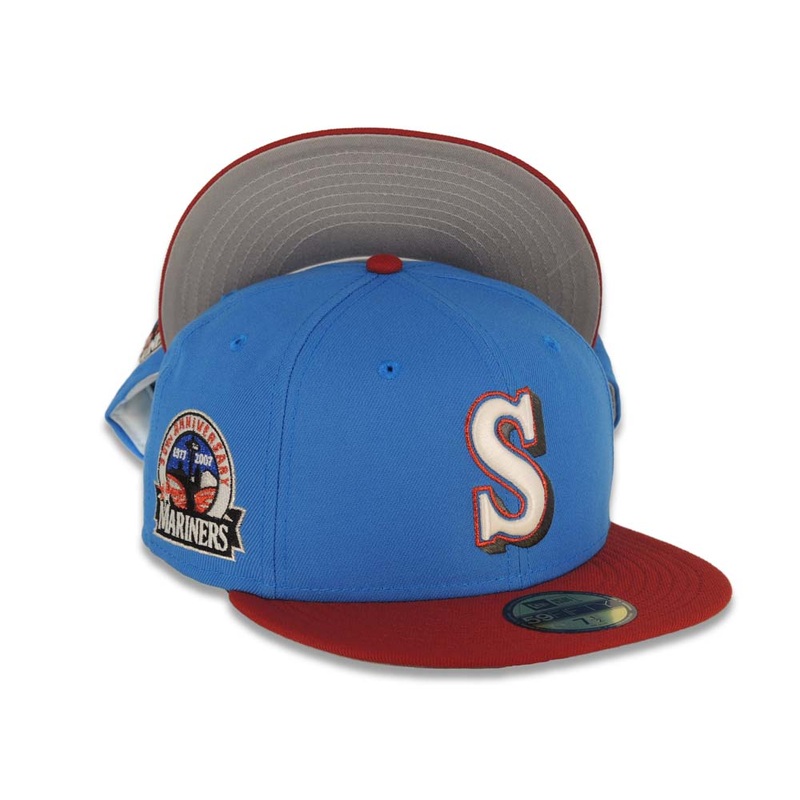 Seattle Mariners New Era MLB 59FIFTY 5950 Fitted Cap Hat Royal Blue Crown Red Visor Glow White/Metallic Red Logo 30th Anniversary Side Patch Gray UV