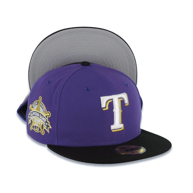 Texas Rangers New Era 59FIFTY 5950 Fitted Cap Hat Purple Crown Black Visor White/Metallic Gold Logo 1995 All-Star Game Side Patch Gray UV