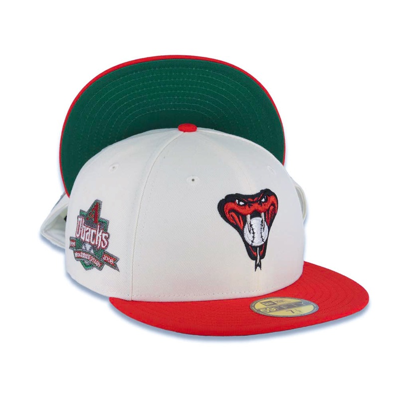 Arizona Diamondbacks New Era MLB 59FIFTY 5950 Fitted Cap Hat Cream Crown Red Visor Metallic Red/White Logo 10th Anniversary Side Patch Green UV