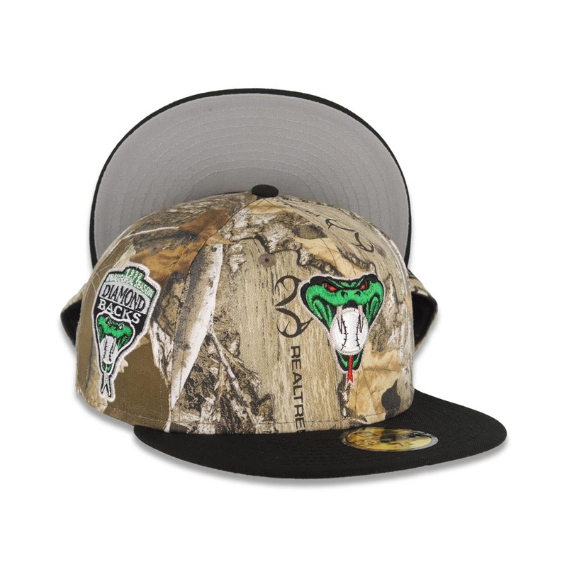 Arizona Diamondbacks New Era MLB 59FIFTY 5950 Fitted Cap Hat Real Tree Edge Camo Crown Black Visor Metallic Green/White Logo 1998 Inaugural Season Side Patch Gray UV