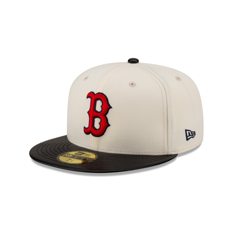 Boston Red Sox MLB New Era Men’s Off-White 59Fifty Game Night Leather Visor Fitted Hat