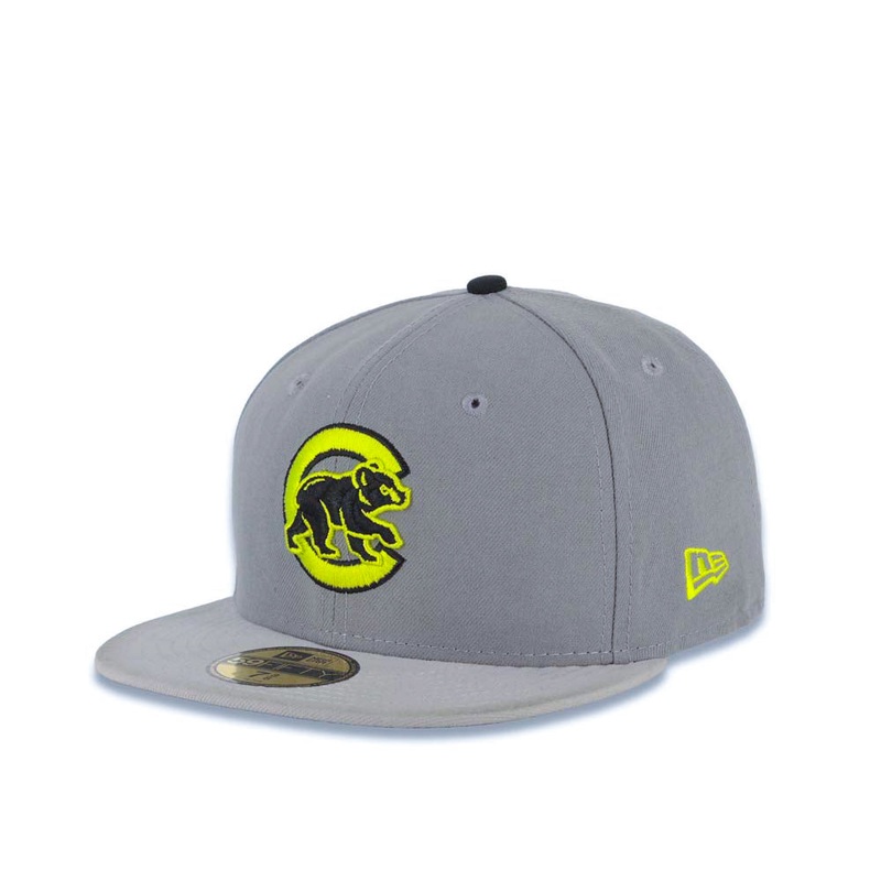 Chicago Cubs New Era MLB 59FIFTY 5950 Fitted Cap Hat Gray Crown Gray Visor Neon Green/Black Logo