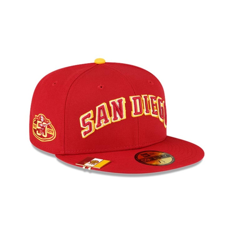 (Clip Included) San Diego Padres New Era MLB 59FIFTY 5950 Fitted Cap Hat Red Crown/Visor Red Script Logo 50th Anniversary Side Patch (City Flag)