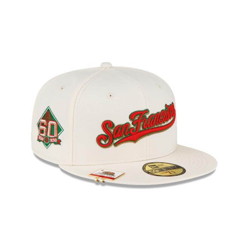 (Clip Included) San Francisco Giants New Era MLB 59FIFTY 5950 Fitted Cap Hat White Crown/Visor Red Script Logo 60th Anniversary Side Patch (City Flag)