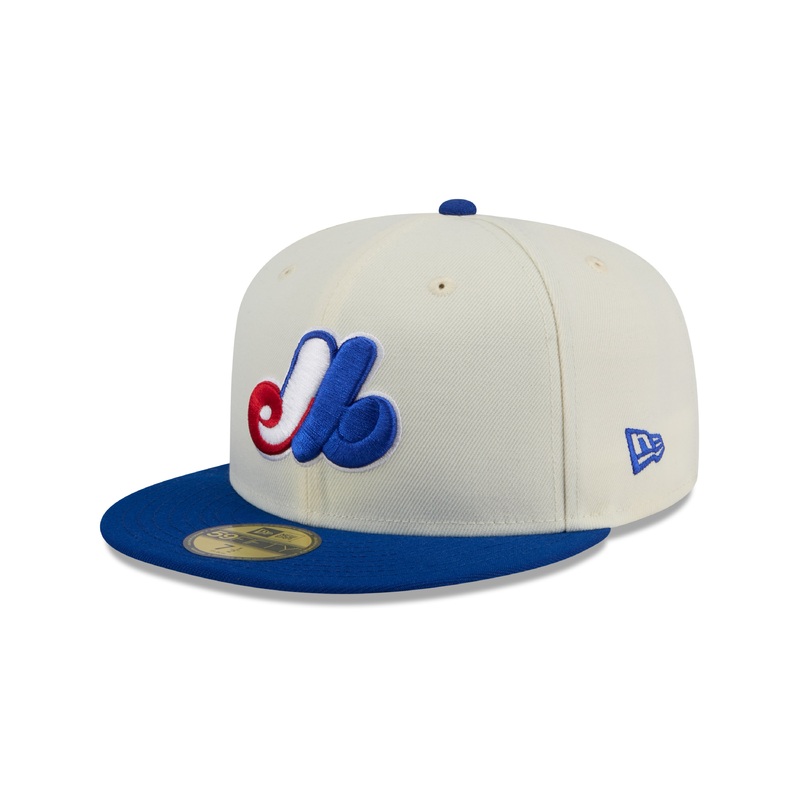 Montreal Expos MLB New Era Men’s Off-White/Royal-Blue 59Fifty 2024 Evergreen Fitted Hat