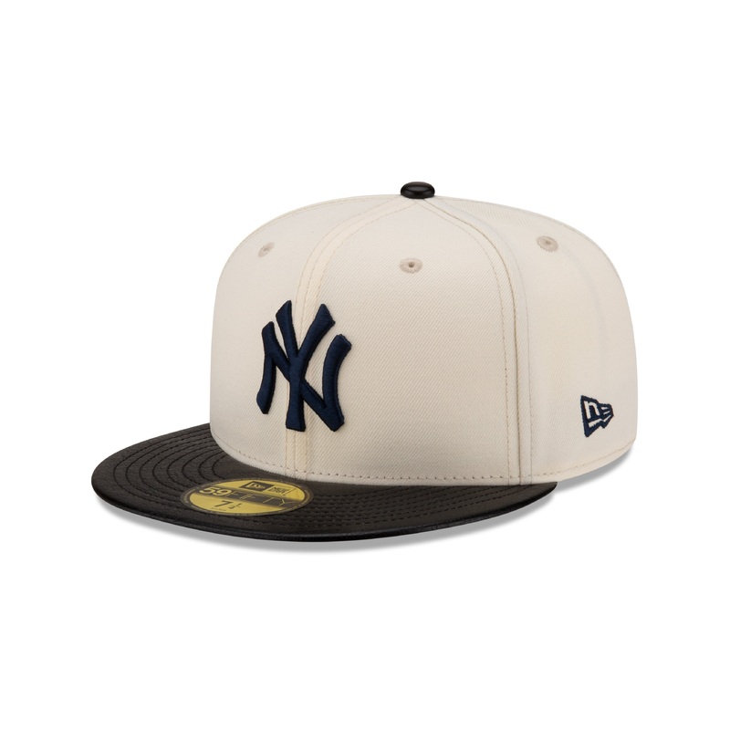 New York Yankees MLB New Era Men’s Off-White 59Fifty Game Night Leather Visor Fitted Hat
