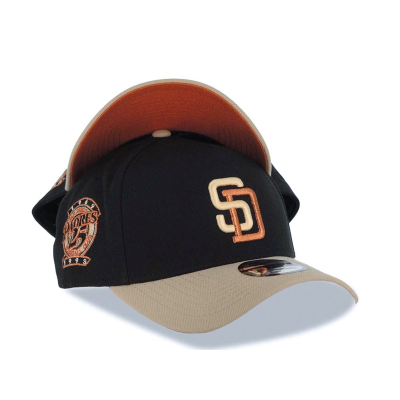San Diego Padres New Era MLB 9FORTY 940 Adjustable A-Frame Cap Hat Black Crown Wheat Visor Wheat/Metallic Bronze Logo 25th Anniversary Side Patch