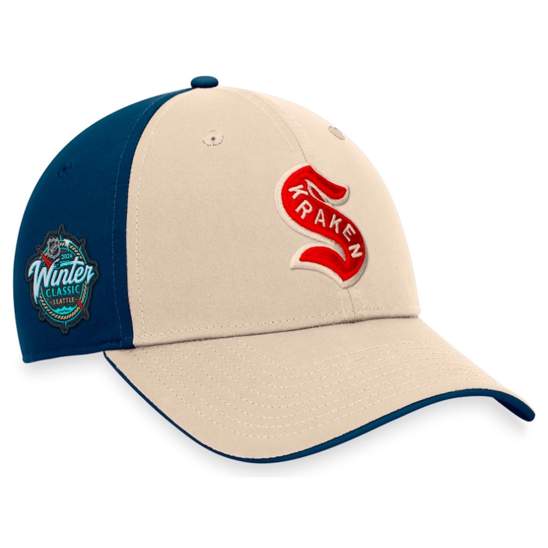 Seattle Kraken NHL Fanatics Branded Men’s Cream/Deep Sea Blue 2024 Winter Classic Stretch Fit Hat