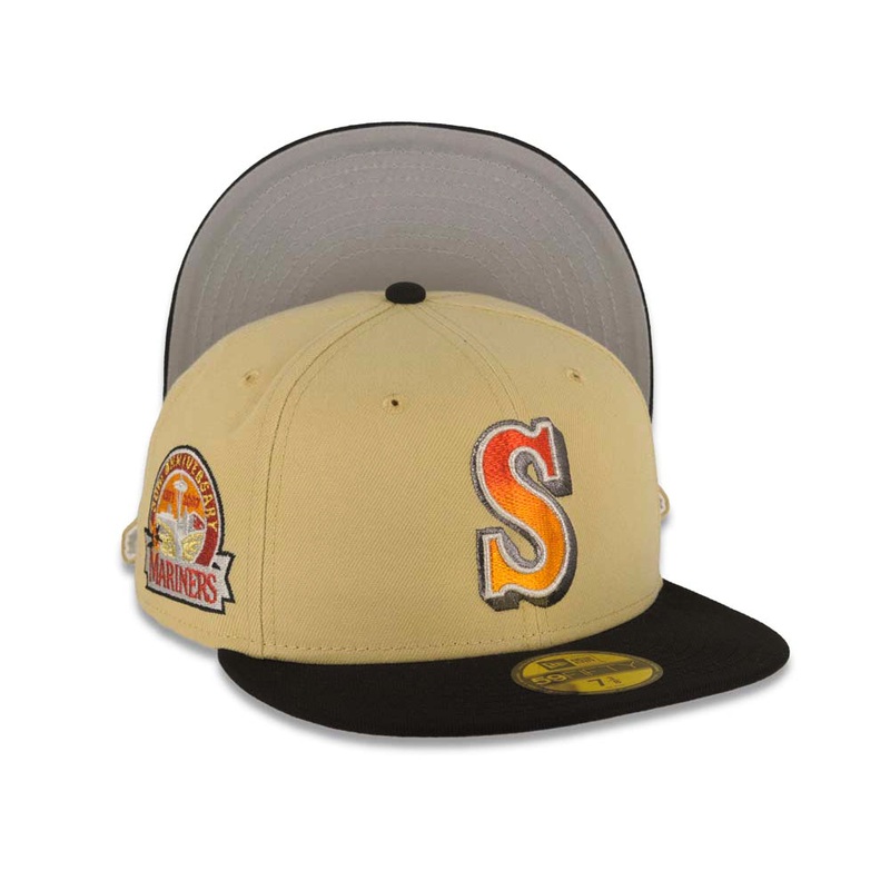 Seattle Mariners New Era MLB 59FIFTY 5950 Fitted Cap Hat Yellow Green Crown Black Visor Red/Orange Gradient Logo 30th Anniversary Side Patch Gray UV