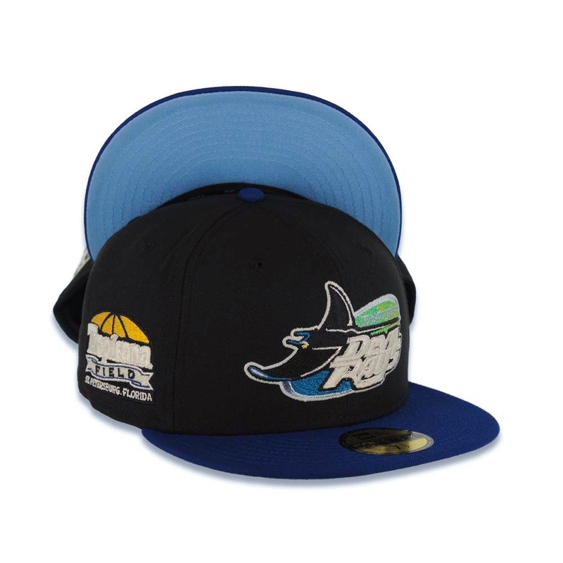 Tampa Bay Rays New Era MLB 59FIFTY 5950 Fitted Cap Hat Black Crown Navy Visor Glow White/Yellow Logo Tropicana Field Stadium Side Patch Sky Blue UV