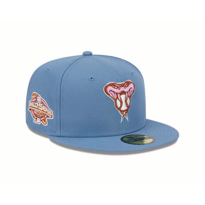 Arizona Diamondbacks New Era MLB 59FIFTY 5950 Fitted Cap Hat Dark Sky Blue Crown/Visor Pink Logo 2001 World Series Side Patch (Color Pack)