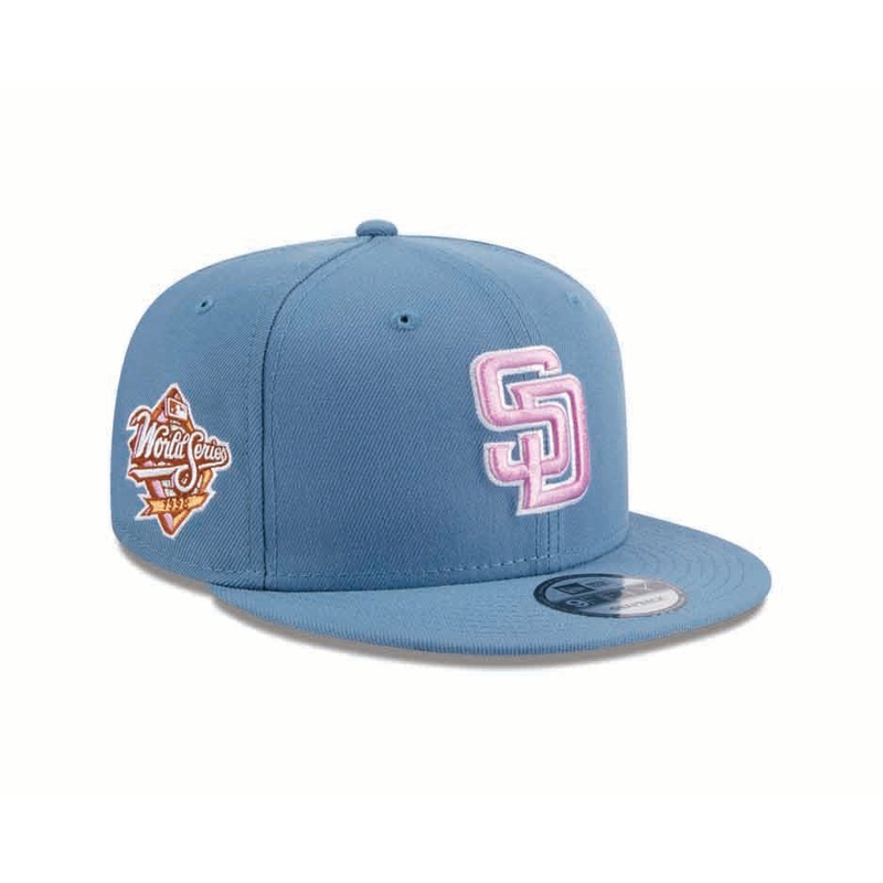 San Diego Padres New Era MLB 9FIFTY 950 Snapback Cap Hat Dark Sky Blue Crown/Visor Pink/White Logo 1998 World Series Side Patch (Color Pack)