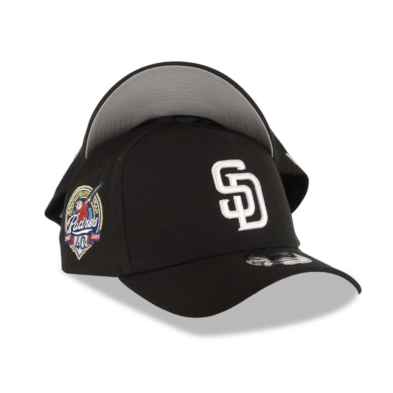 San Diego Padres New Era MLB 9FORTY 940 Adjustable A-Frame Cap Hat Black Crown/Visor White Logo 40th Anniversary Side Patch Gray UV