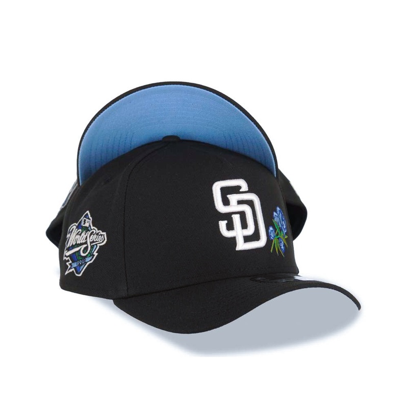 San Diego Padres New Era MLB 9FORTY 940 Adjustable A-Frame Cap Hat Black Crown/Visor White Logo With Rose 1998 World Series Side Patch Sky Blue UV