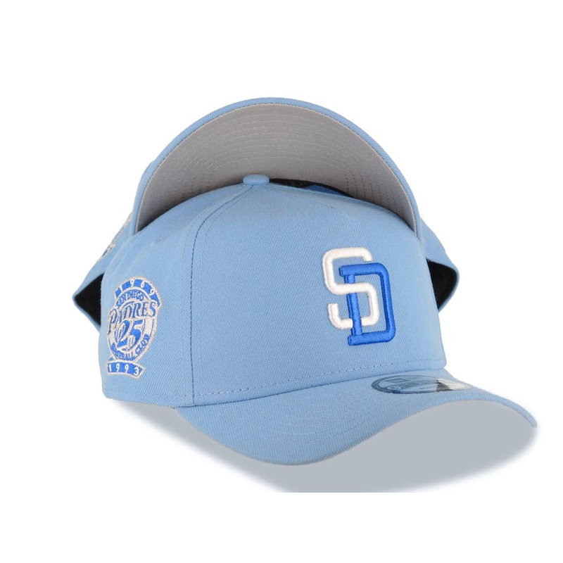 San Diego Padres New Era MLB 9FORTY 940 Adjustable A-Frame Cap Hat Sky Blue Crown/Visor White/Royal Blue Logo 25th Anniversary Side Patch