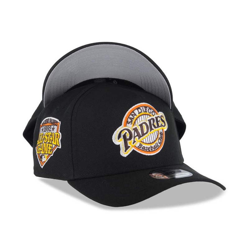San Diego Padres New Era MLB 9FORTY 940 Adjustable A-Frame Snapback Cap Hat Black Crown/Visor Team Color Baseball Club Logo 1992 All-Star Game Patch